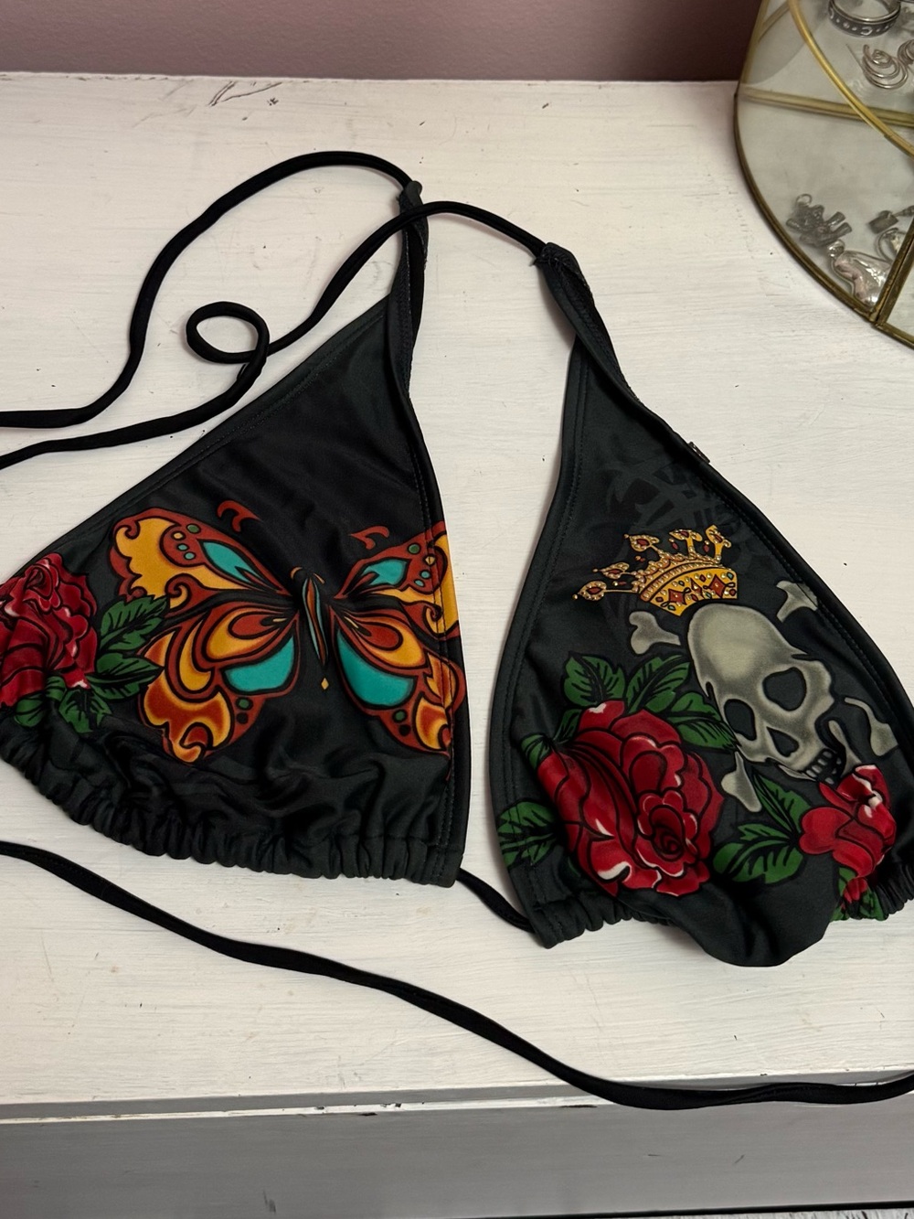 Xhilaration Black Tattoo-Style Triangle Bikini Top with Butterfly & Skull